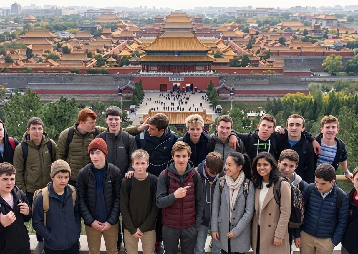 Winter camp students on Jingshan Hill overlooking the Forbidden City