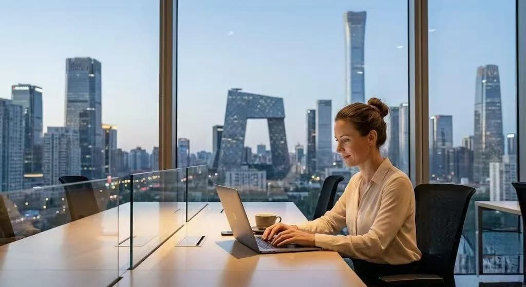 Professional expat working in a modern Beijing CBD office with the city skyline in the background