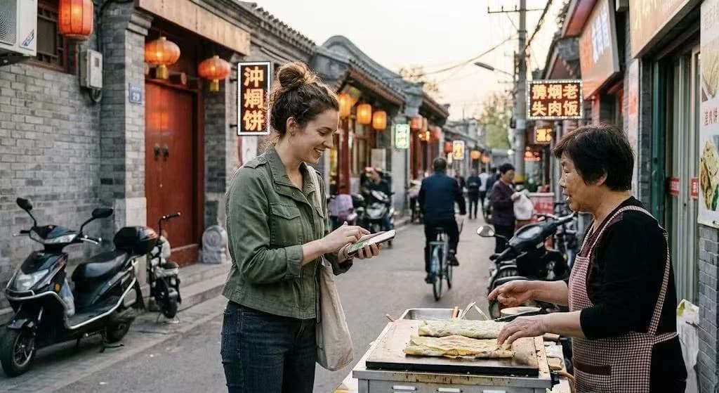 Expat using a smartphone to pay a street food vendor in a traditional Beijing hutong