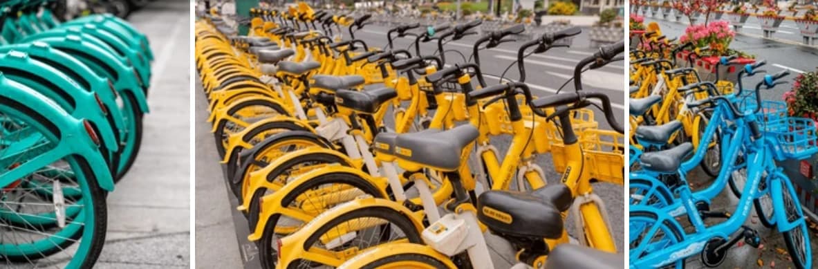 Shared bikes lined up on a sidewalk in China