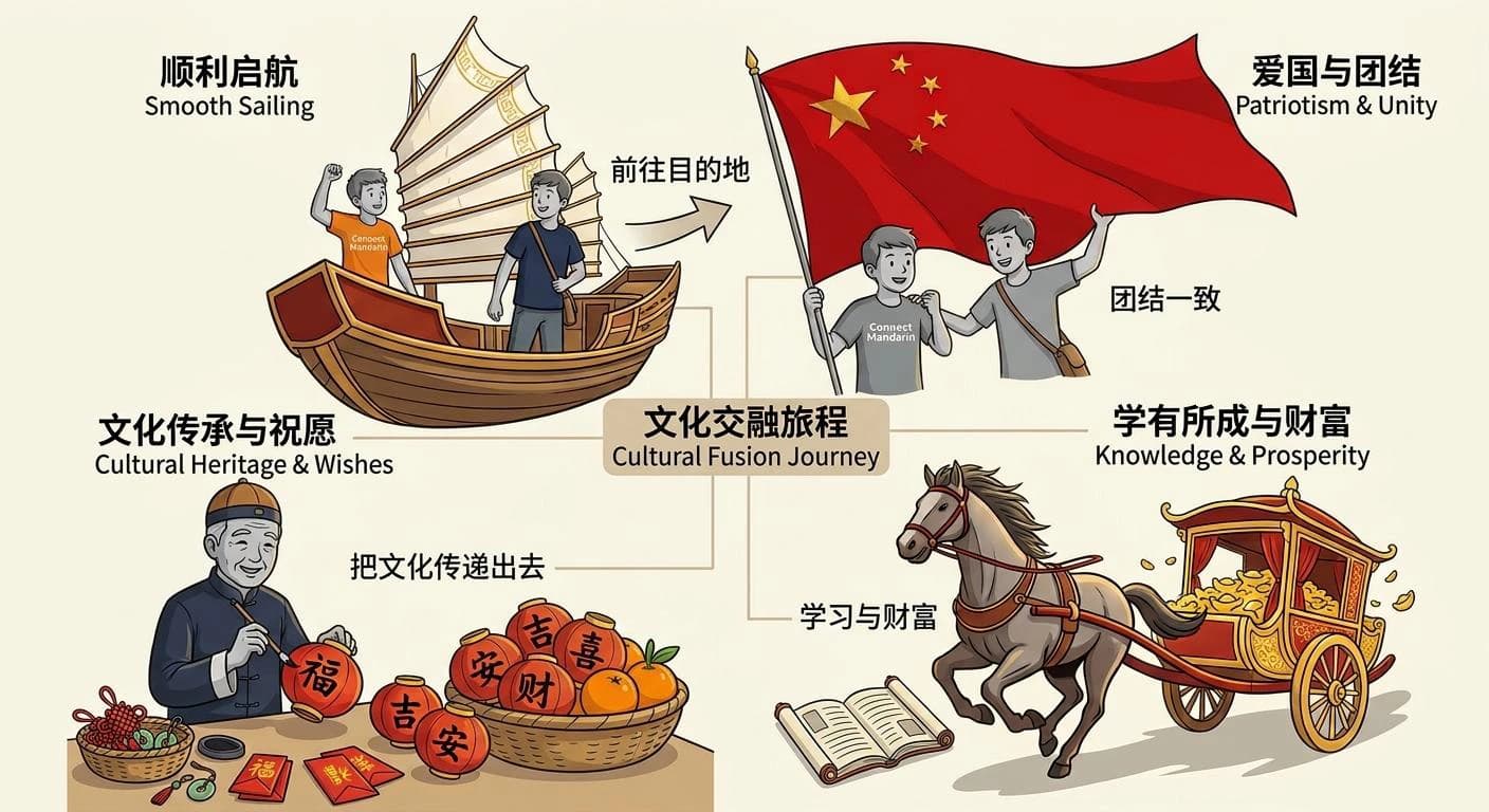 Infographic of Chinese cultural symbols including a sailing ship for 顺利启航, a flag for unity, a scholar with red lanterns for cultural heritage, and a horse-drawn cart for knowledge and prosperity