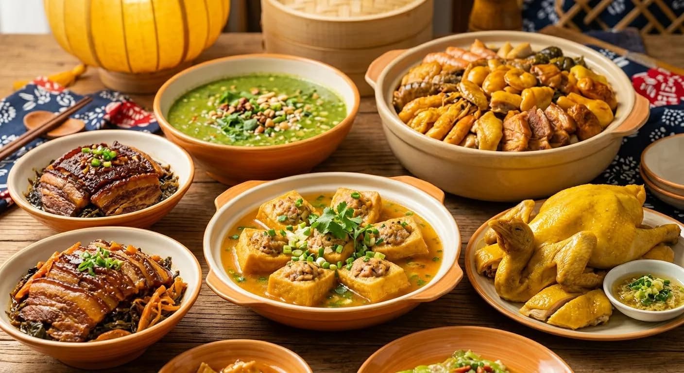 A spread of classic Hakka dishes including stuffed tofu, salt-baked chicken, and braised pork with preserved mustard greens