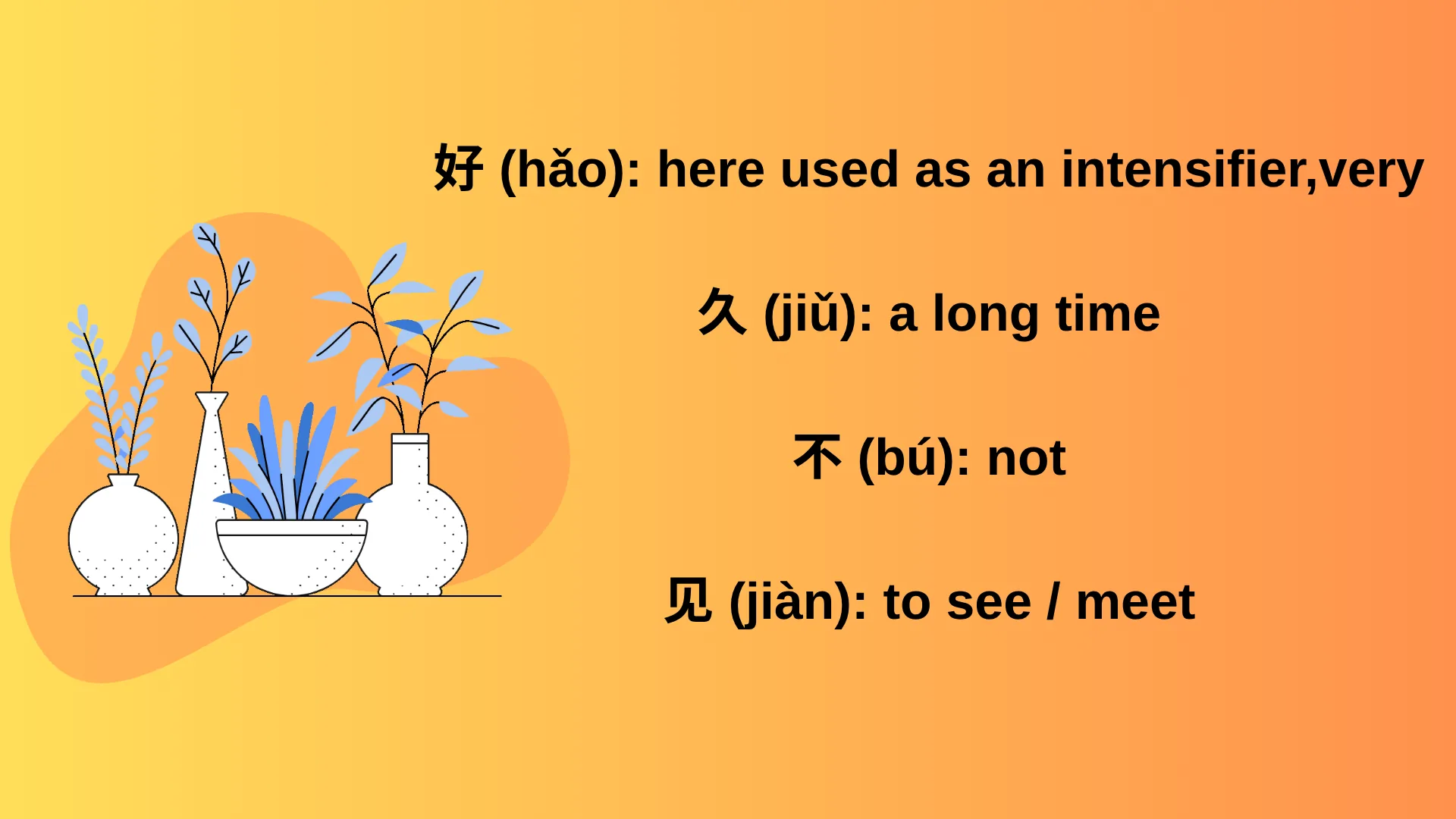 Character-by-character breakdown of 好久不见