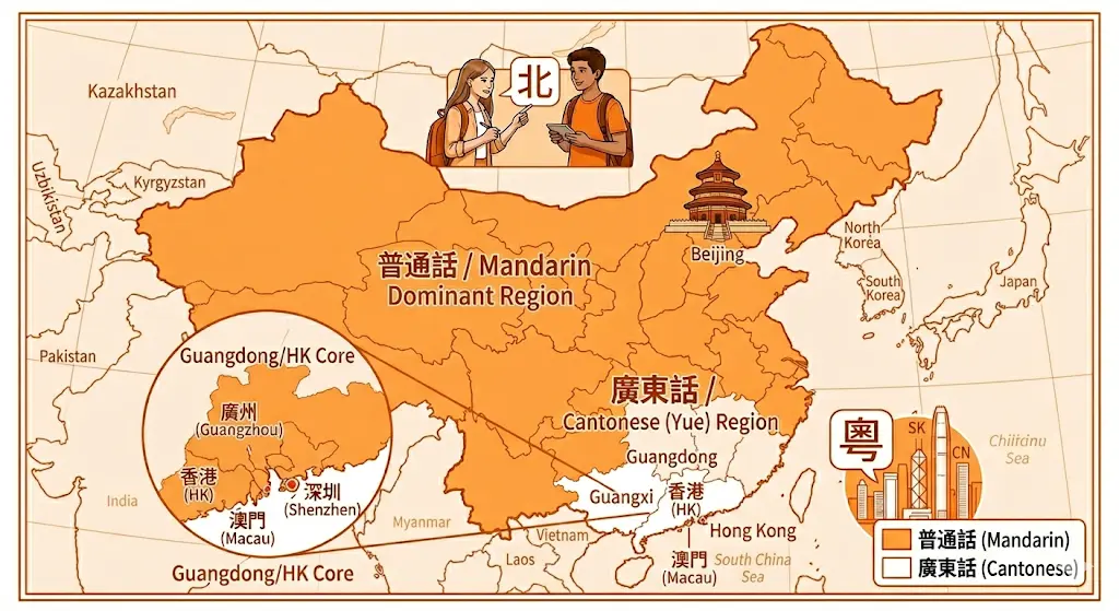 Illustration comparing Mandarin and Cantonese tones, characters, and cultural regions