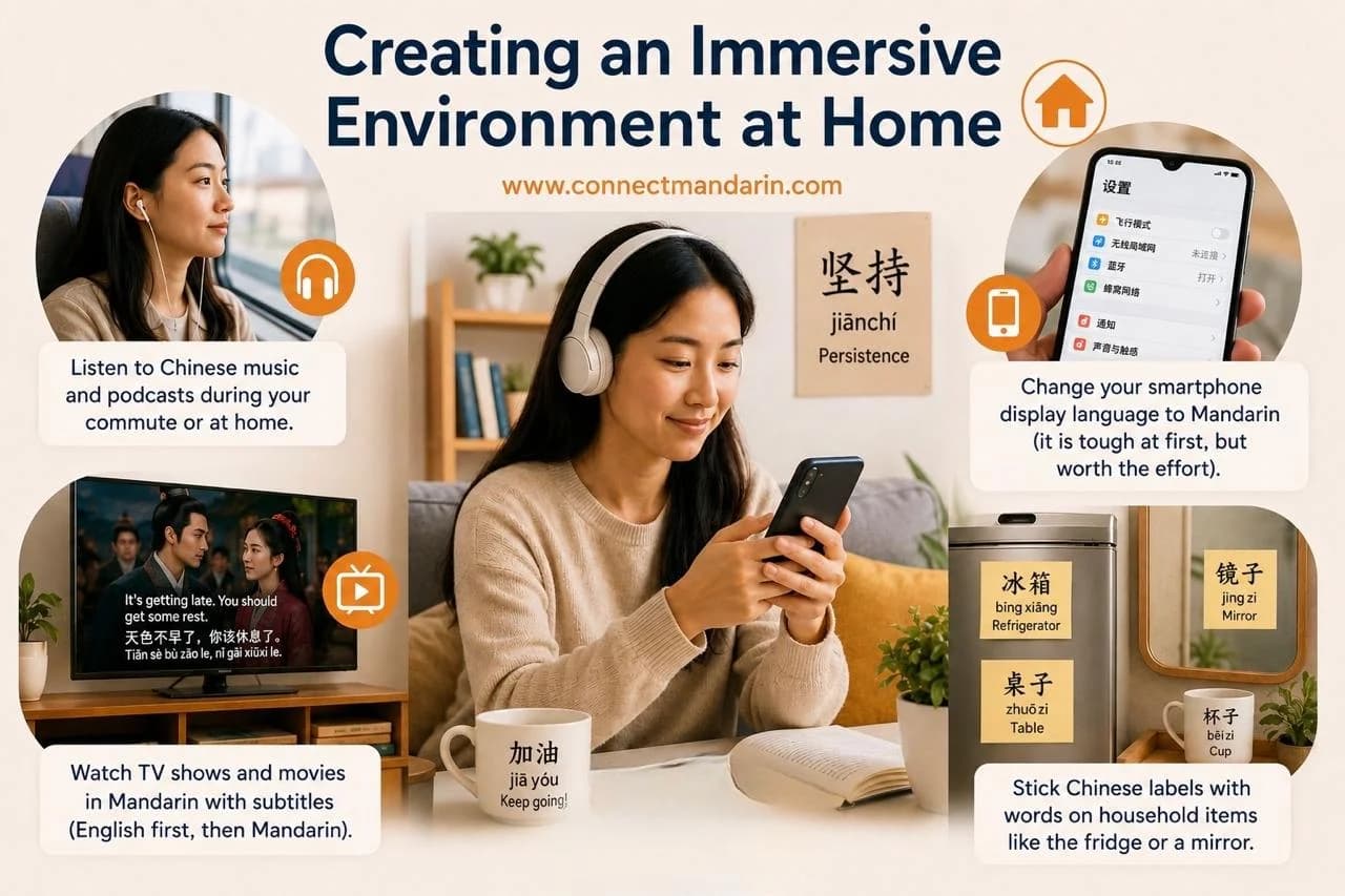 Infographic on creating an immersive Mandarin environment at home — music, TV, device language, and household labels