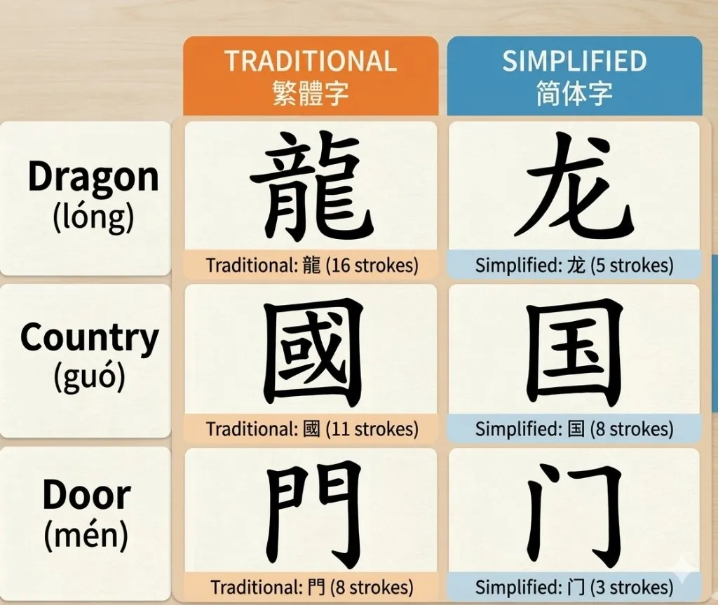 Comparison chart of Traditional and Simplified Chinese characters with stroke counts for dragon, country, and door