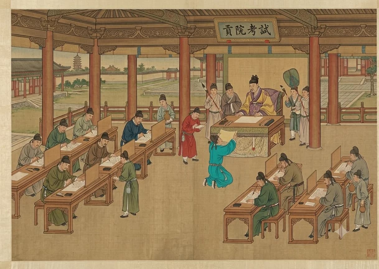 Traditional Chinese painting of scholars taking the imperial civil service examination in a grand pavilion
