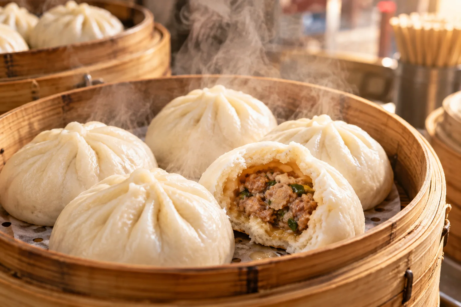 Steamer basket of freshly cooked baozi, one split open to show the pork and vegetable filling