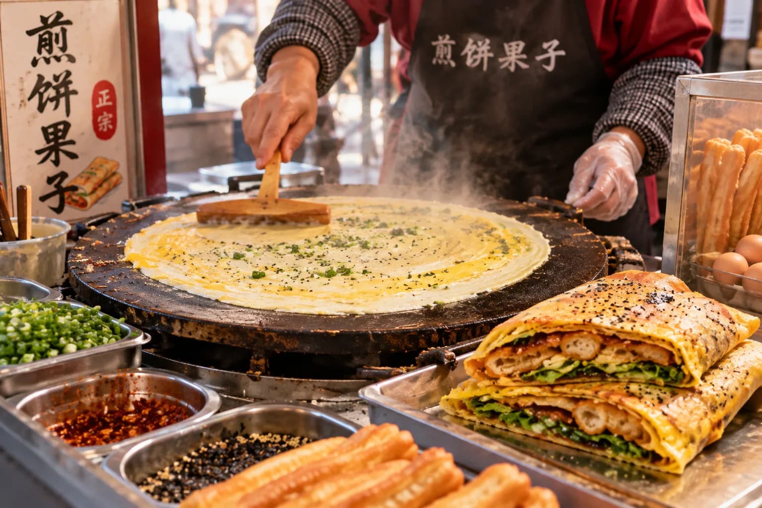 A street vendor cooking jianbing on a round griddle next to freshly folded crepes and youtiao