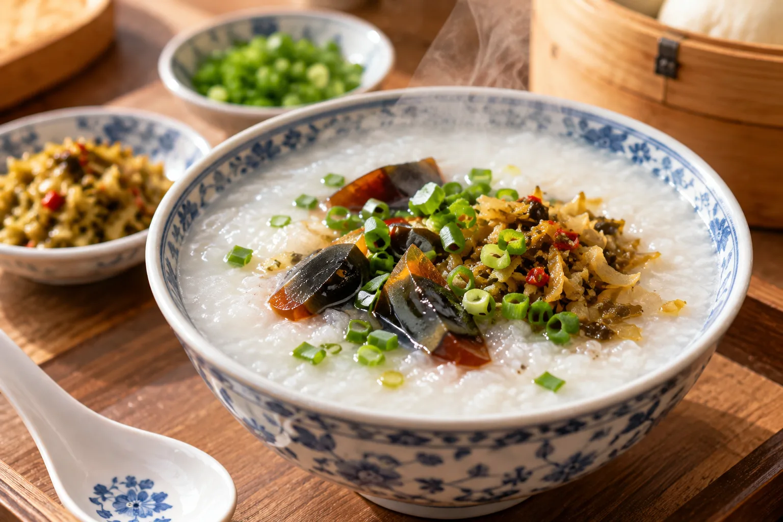 A blue-and-white bowl of congee topped with century egg, pickles and spring onion