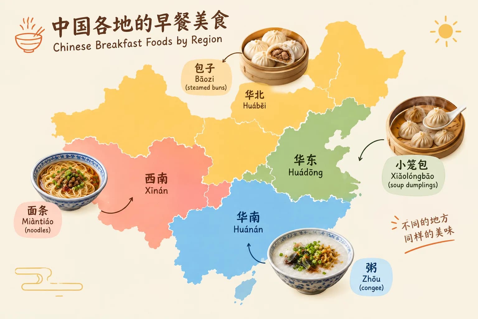 Illustrated map of China showing breakfast foods by region: baozi in the north, xiaolongbao in the east, congee in the south, and noodles in the southwest