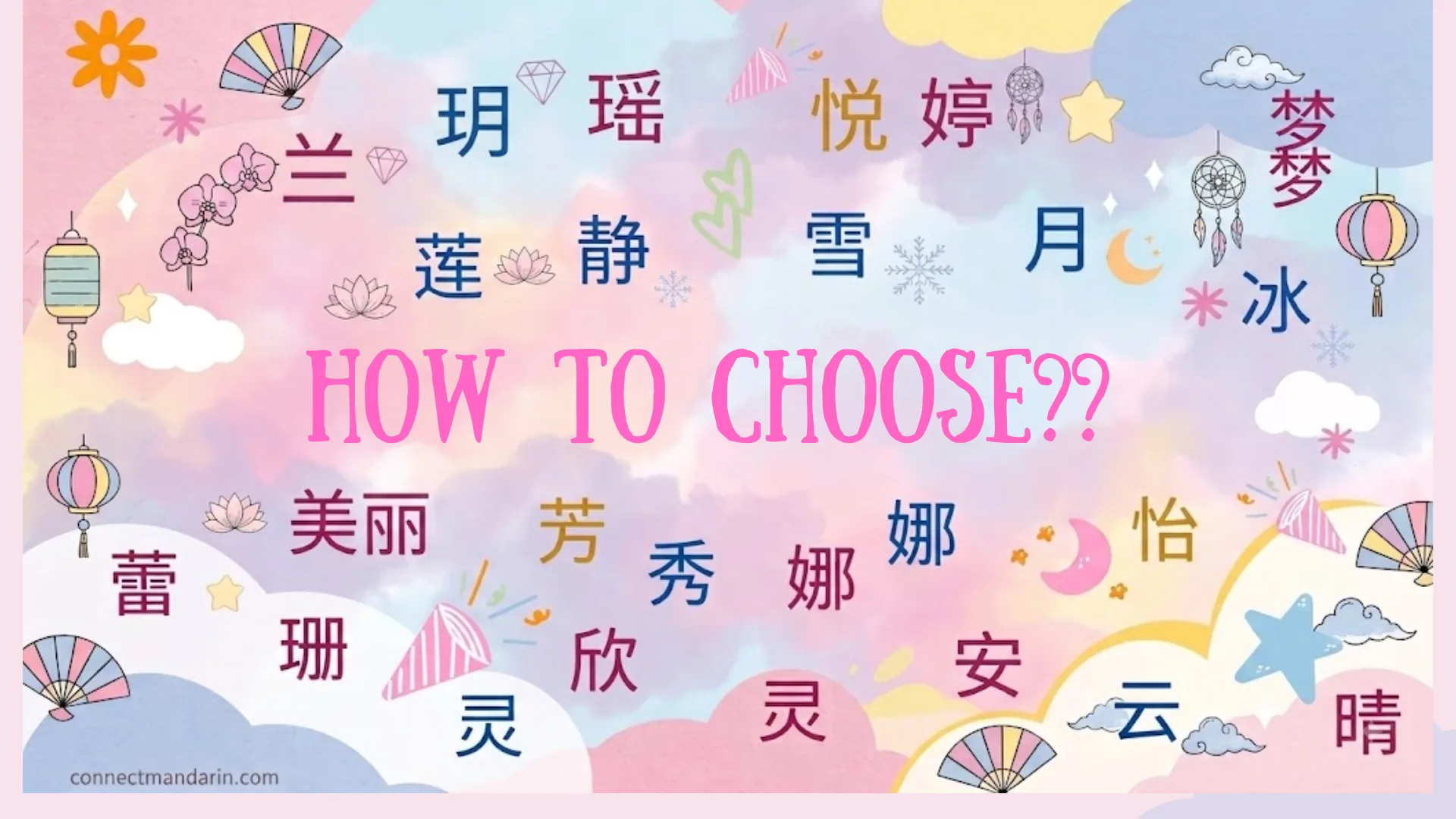 Illustrated collage of Chinese girl-name characters around the words How to Choose