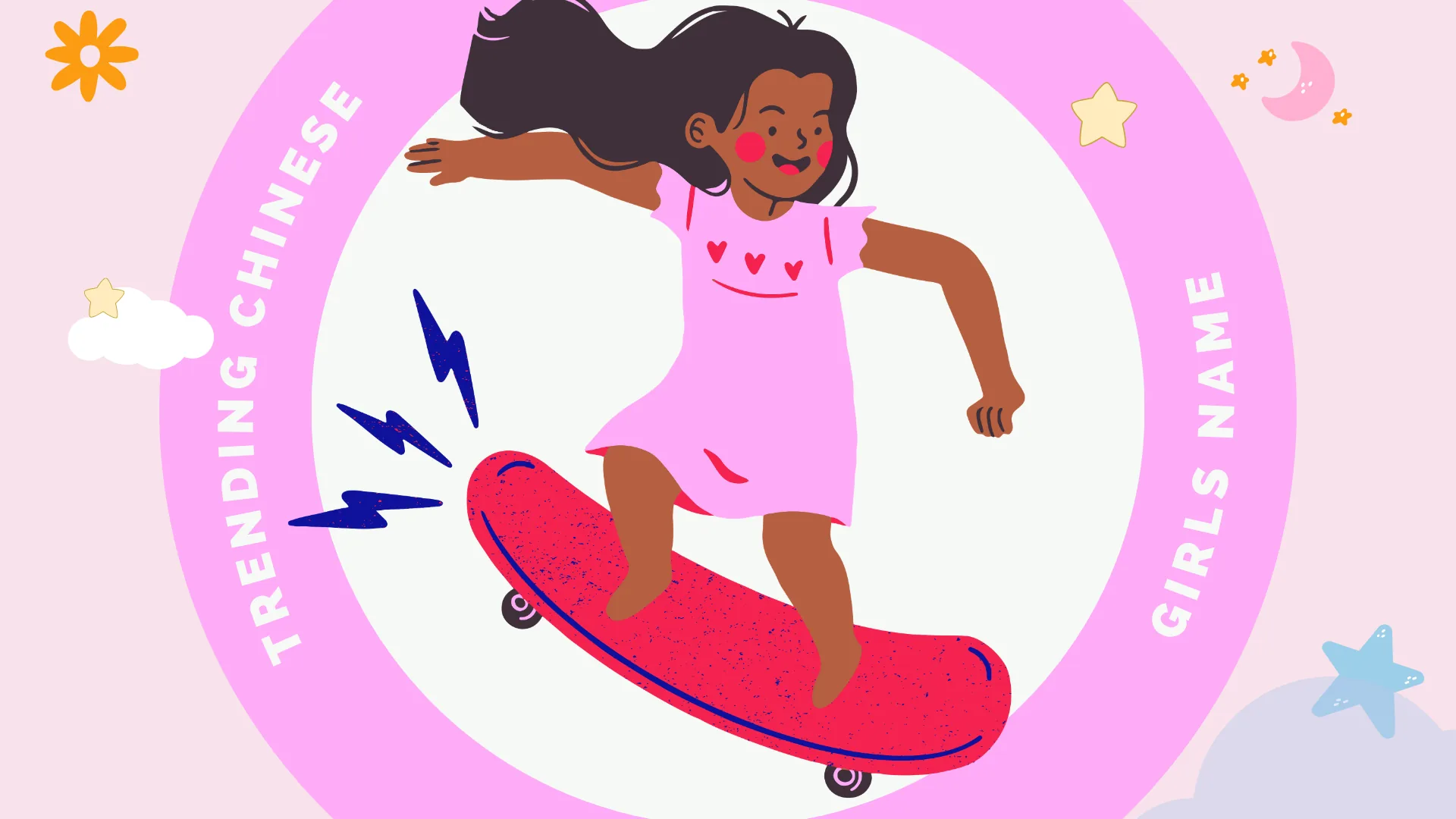 Illustration of a girl skateboarding inside a circle labeled Trending Chinese Girls Name