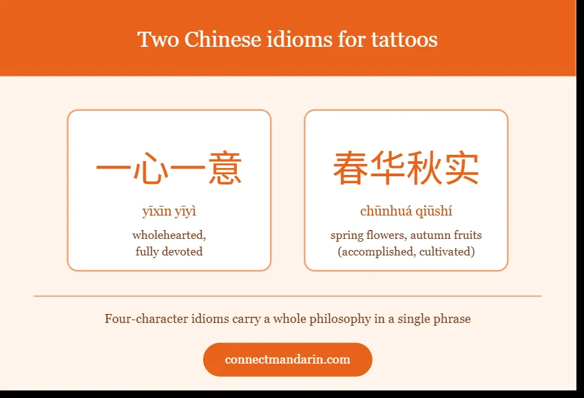 Two Chinese idioms for tattoos: 一心一意 and 春华秋实