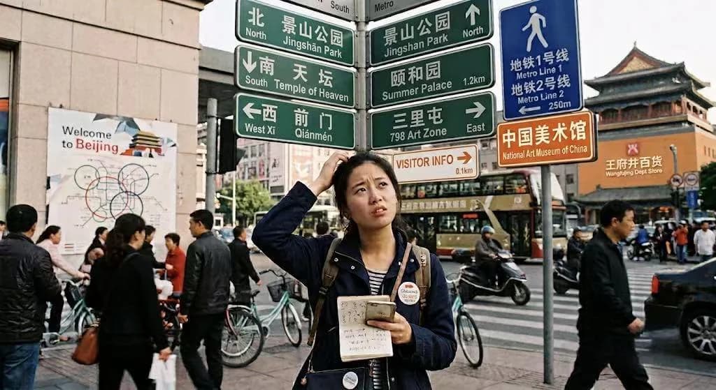 A traveler looking confused at Beijing street signs marked north, south, east, and west