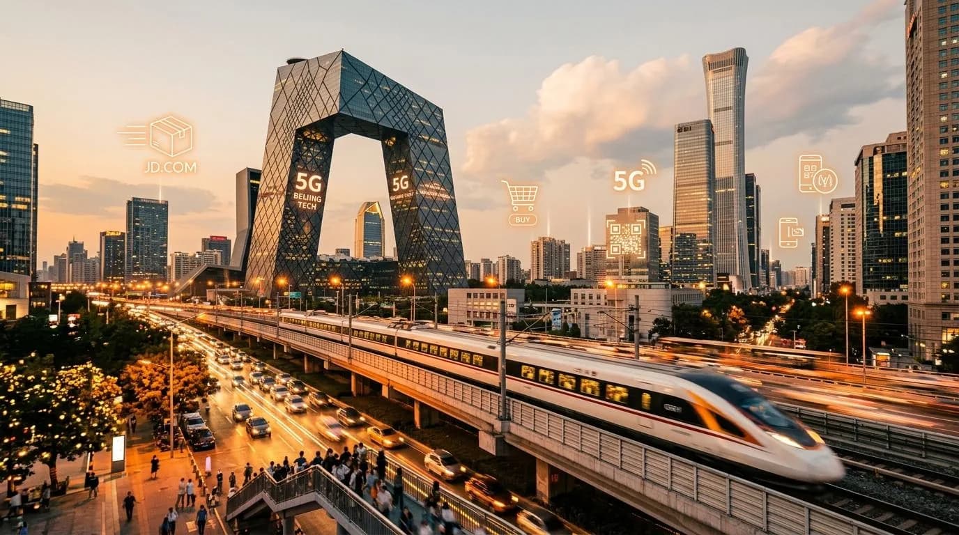 Beijing skyline with a high-speed train, CCTV Headquarters, and symbols of e-commerce and 5G