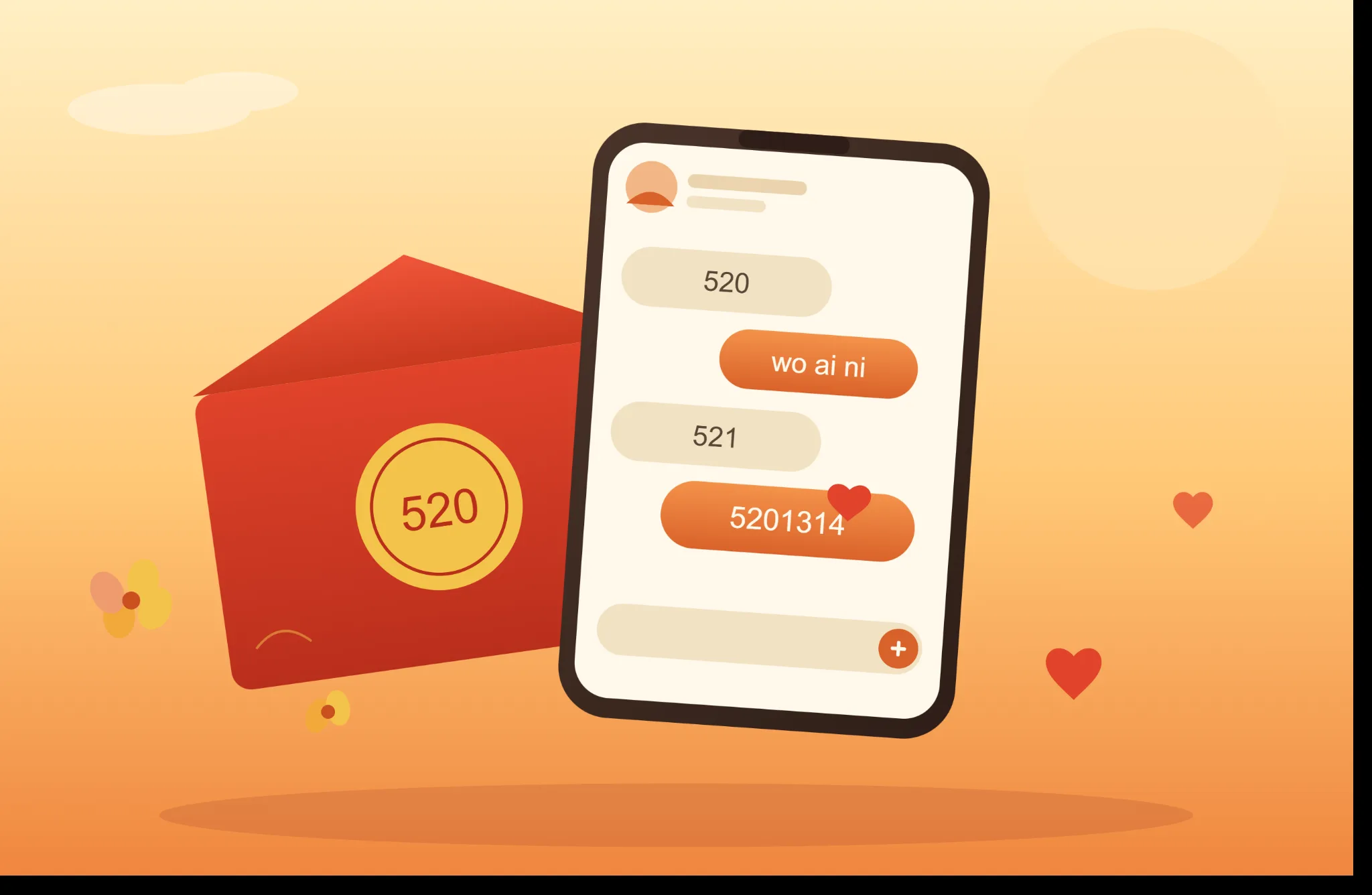 Phone screen showing text messages 520, wo ai ni, 521, and 5201314 next to a red envelope marked 520