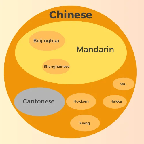 Diagram showing Chinese as an umbrella for Mandarin, Cantonese, Wu, Hakka, Xiang, and Hokkien