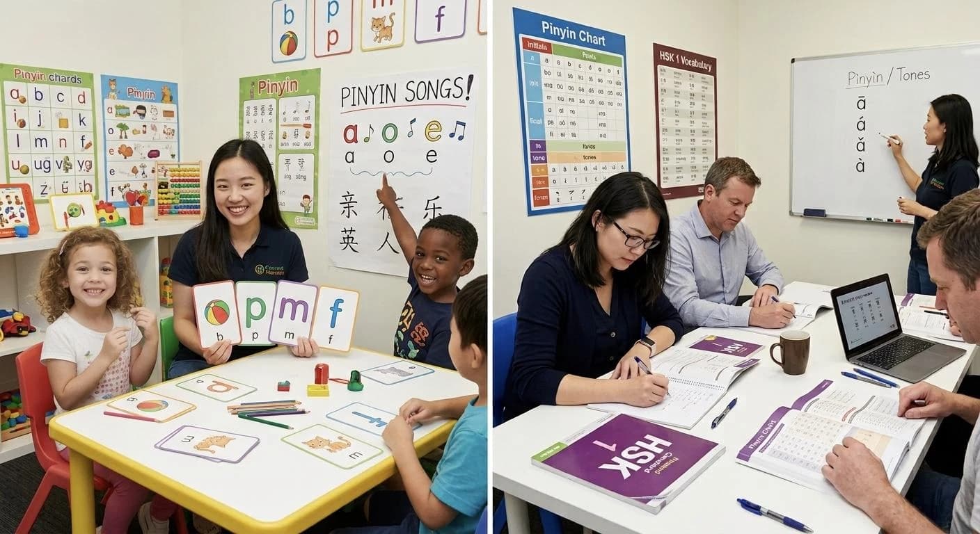 Connect Mandarin classrooms: children practicing pinyin with flashcards, and adults studying pinyin and tones