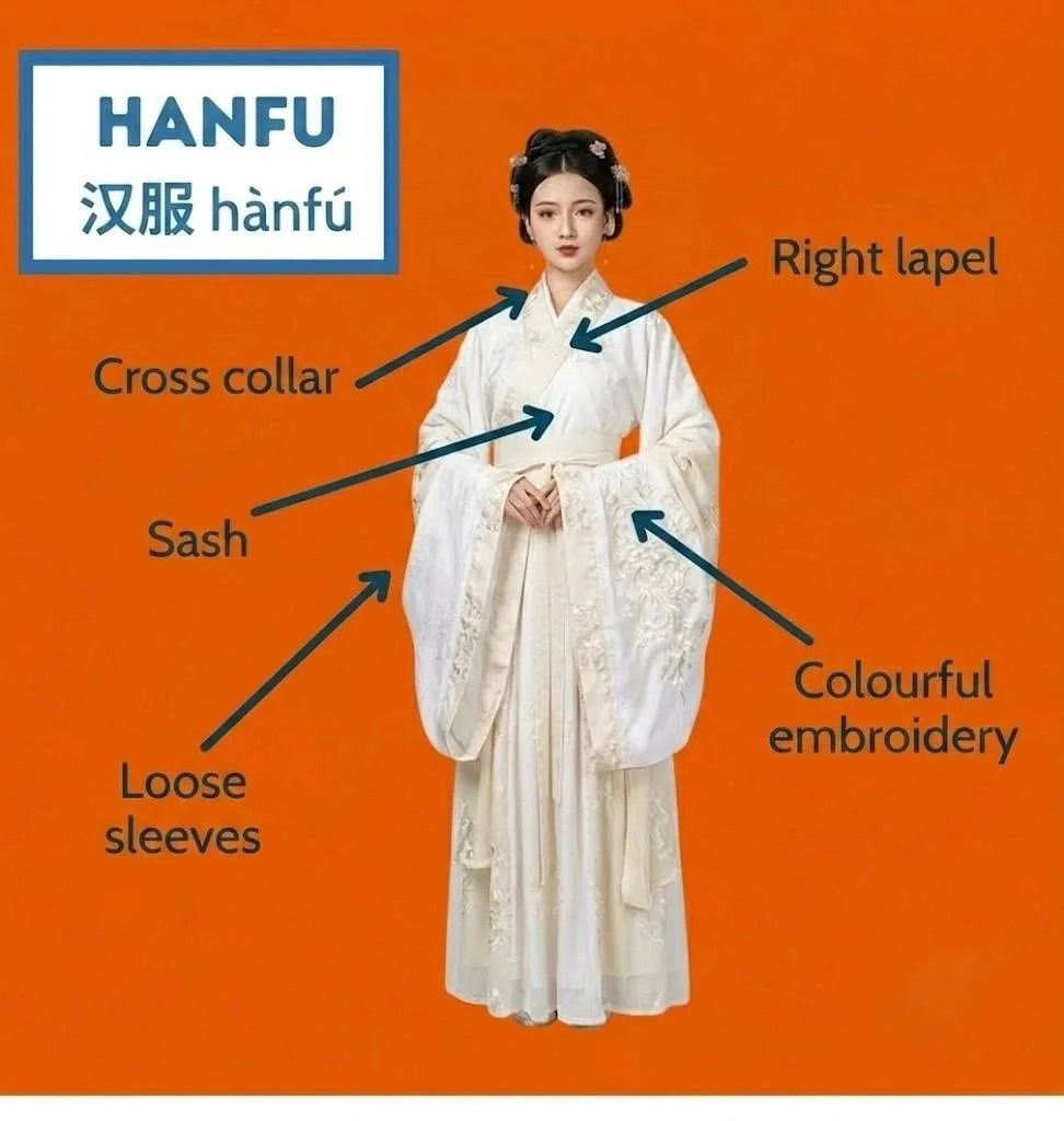 Labeled Hanfu diagram showing cross collar, right lapel, sash, loose sleeves, and colourful embroidery
