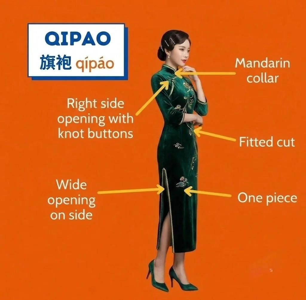 Labeled Qipao diagram showing Mandarin collar, knot buttons, fitted cut, one-piece silhouette, and side opening