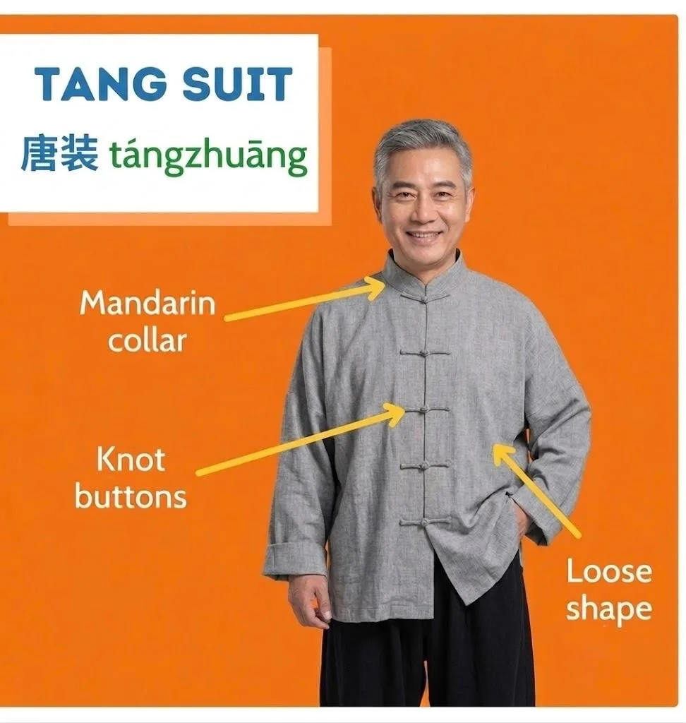 Labeled Tang Suit diagram showing Mandarin collar, knot buttons, and loose shape
