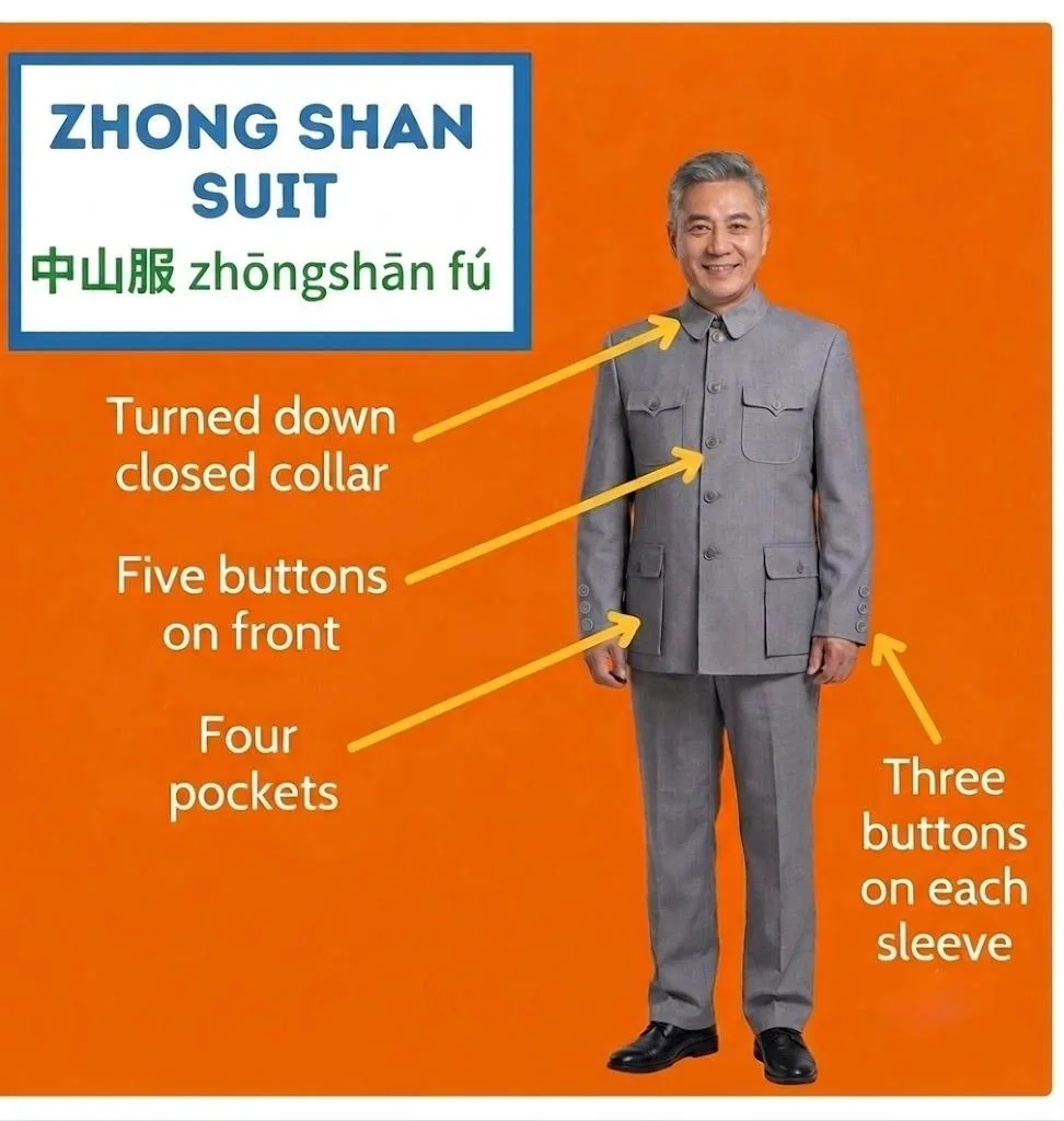 Labeled Zhongshan Suit diagram showing turned-down collar, five front buttons, four pockets, and sleeve buttons