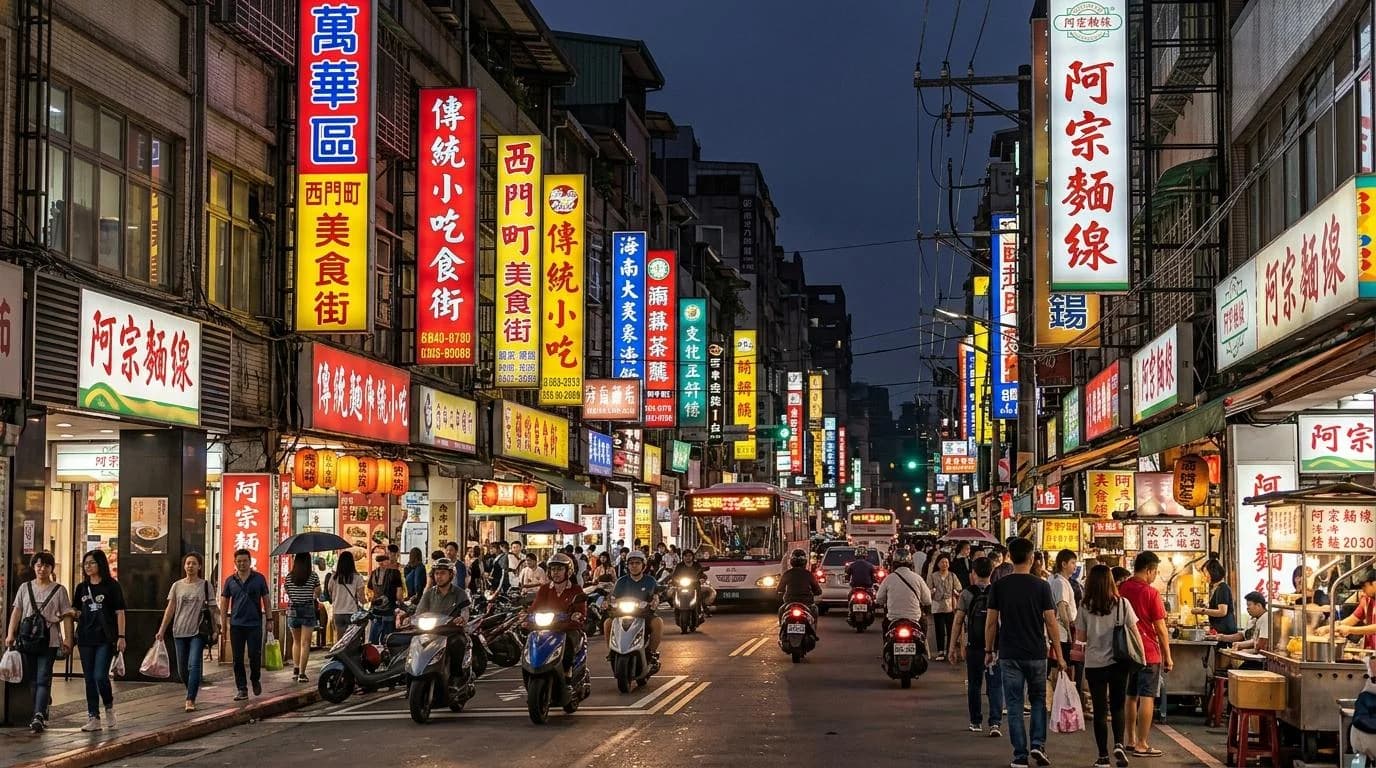 Night street market with Chinese-language shop signs